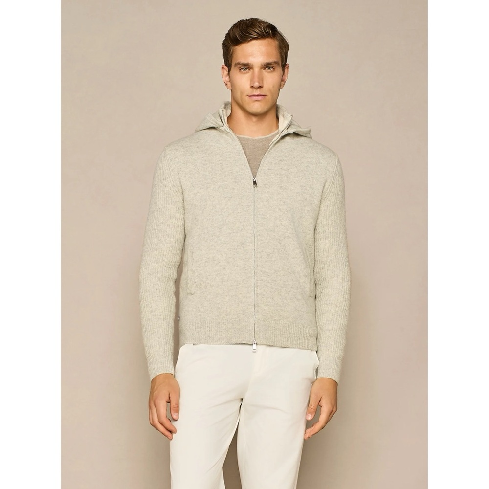 NWT PAUL TAYLOR LIGHT GREY MELANGE CASHMERE BLEND DETACHABLE HOOD ZIP CARDIGAN